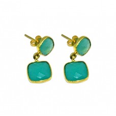 Aqua Chalcedony Cushion Shape Gemstone 925 Silver Gold Plated Dangle Stud Earrings