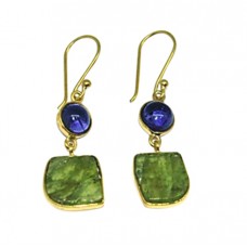 Iolite Peridot Gemstone 925 Sterling Silver Gold Plated Dangle Earrings