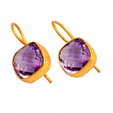 Briolette Cushion Shape Amethyst Gemstone 925 Silver Gold Plated Fixed Ear Wire Earrings