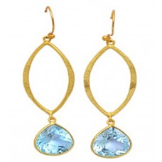 Heart Shape Blue Topaz Gemstone 925 Sterling Silver Gold Plated Dangle Earrings