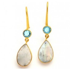 925 Sterling Silver Blue Topaz Rainbow Moonstone Gold Plated Fixed Ear Wire Earrings