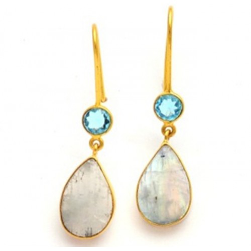 925 Sterling Silver Blue Topaz Rainbow Moonstone Gold Plated Fixed Ear Wire Earrings