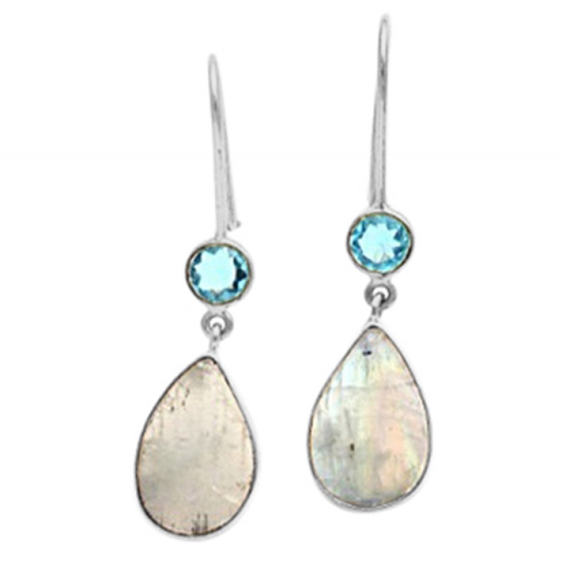 925 Sterling Silver Blue Topaz Rainbow Moonstone Gold Plated Fixed Ear Wire Earrings