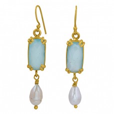 Pearl Chalcedony Gemstone 925 Sterling Silver Gold Plated Dangle Earrings