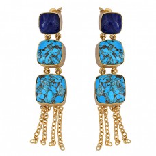 Blue Copper Turquoise Sapphire Gemstone 925 Silver Gold Plated Dangle Earrings