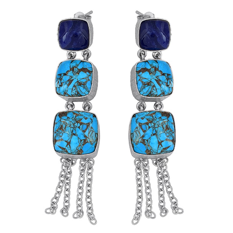 Blue Copper Turquoise Sapphire Gemstone 925 Silver Gold Plated Dangle Earrings