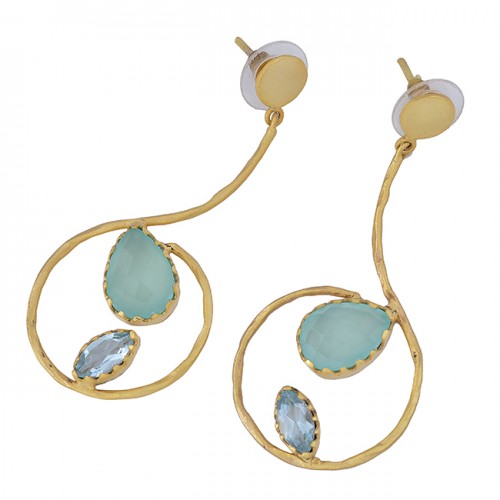 Blue Topaz Chalcedony Gemstone 925 Sterling Silver Gold Plated Stud Earrings