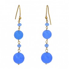 Blue Chalcedony Round Shape Gemstone 925 Sterling Silver Gold Plated Earrings