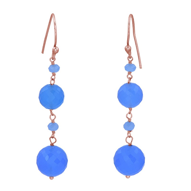 Blue Chalcedony Round Shape Gemstone 925 Sterling Silver Gold Plated Earrings