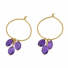 925 Sterling Silver Oval Shape Amethyst Gemstone Gold Plated Hoop Earrings