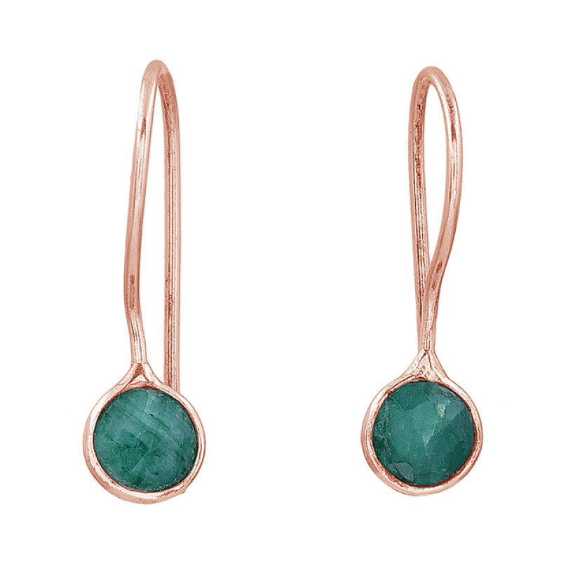 Round Shape Emerald Gemstone 925 Sterling Silver Fixed Ear Wire Earrings