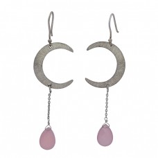 Rose Chalcedony Gemstone 925 Sterling Silver C Shape Designer Dangle Earrings