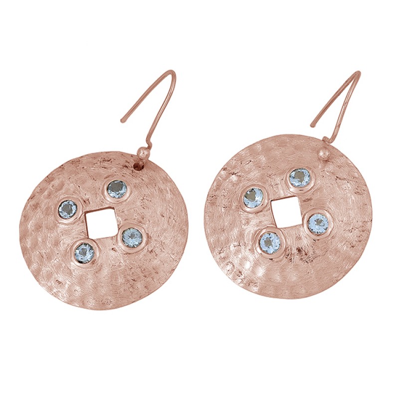 Round Shape Blue Topaz Gemstone 925 Sterling Silver Gold Plated Dangle Earrings