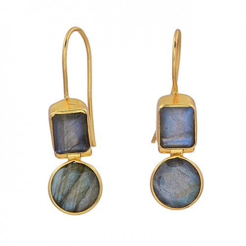 Labradorite Round Rectangle Shape Gemstone 925 Sterling Silver Gold Plated Earrings