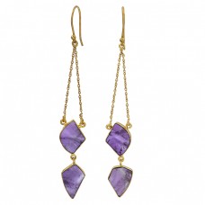 925 Sterling Silver Amethyst Fancy Shape Gemstone Gold Plated Dangle Earrings