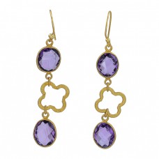 Oval Shape Amethyst Gemstone 925 Sterling Silver Gold Plated Dangle Earrings