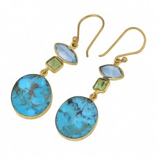 Blue Topaz Peridot Turquoise Gemstone 925 Sterling Silver Gold Plated Earrings