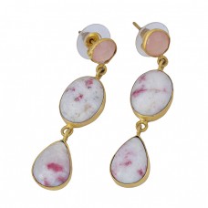 Cinnabar Rose Chalcedony Gemstone 925 Sterling Silver Gold Plated Dangle Earrings