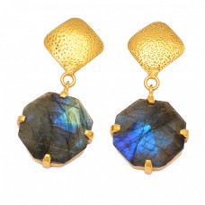 Hexagon Shape Labradorite 925 Sterling Silver Gold Plated Dangle Stud Earrings Jewelry