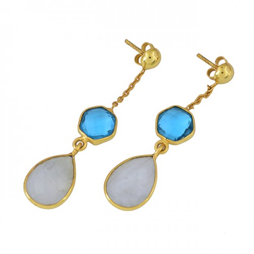 Blue Topaz Moonstone 925 Sterling Silver Gold Plated Dangle Stud Earrings