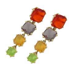 Prong Setting Multi Color Gemstone 925 Sterling Silver Gold Plated Stud Earrings