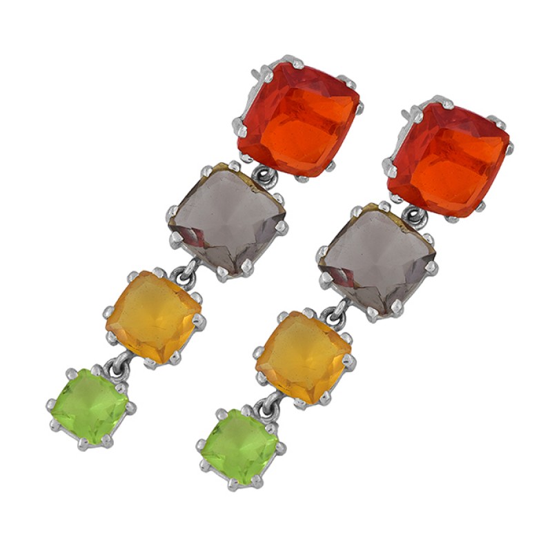 Prong Setting Multi Color Gemstone 925 Sterling Silver Gold Plated Stud Earrings