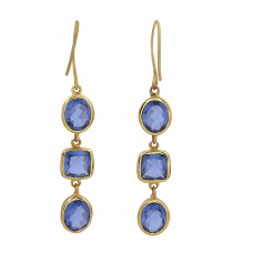 925 Sterling Silver Iolite Gemstone Gold Plated Handmade Designer Earrings