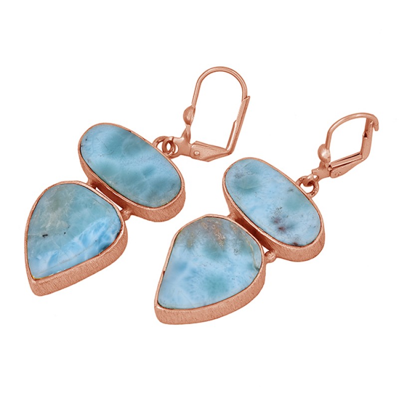 Larimar Oval Pear Shape Gemstone 925 Sterling Silver Gold Plated Clip-On Earrings
