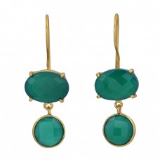 Green Onyx Oval Round Shape Gemstone 925 Sterling Silver Gold Plated Earrings