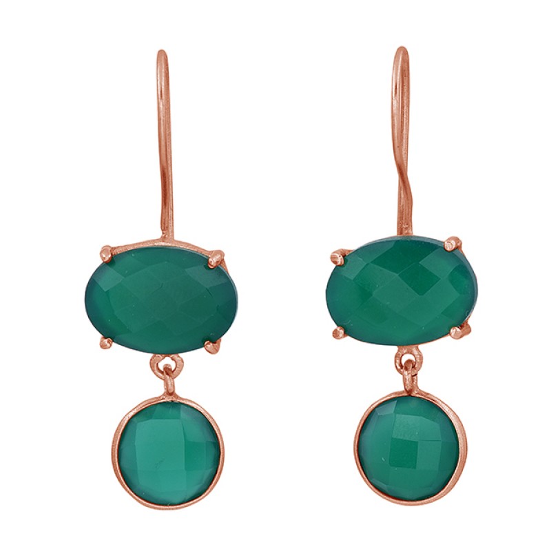 Green Onyx Oval Round Shape Gemstone 925 Sterling Silver Gold Plated Earrings