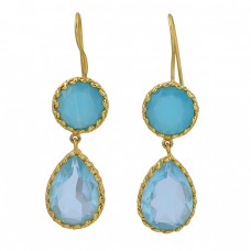 Aqua Chalcedony Blue Topaz Gemstone 925 Sterling Silver Gold Plated Earrings