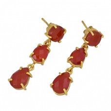 Carnelian Round Pear Shape Gemstone 925 Sterling Silver Gold Plated Stud Earrings