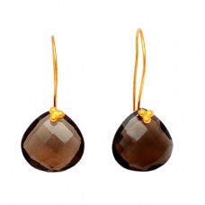 Briolette Heart Shape Smoky Quartz Gemstone 925 Sterling Silver Gold Plated Earrings