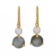 Pearl Labradorite Gemstone 925 Sterling Silver Gold Plated Dangle Earrings 