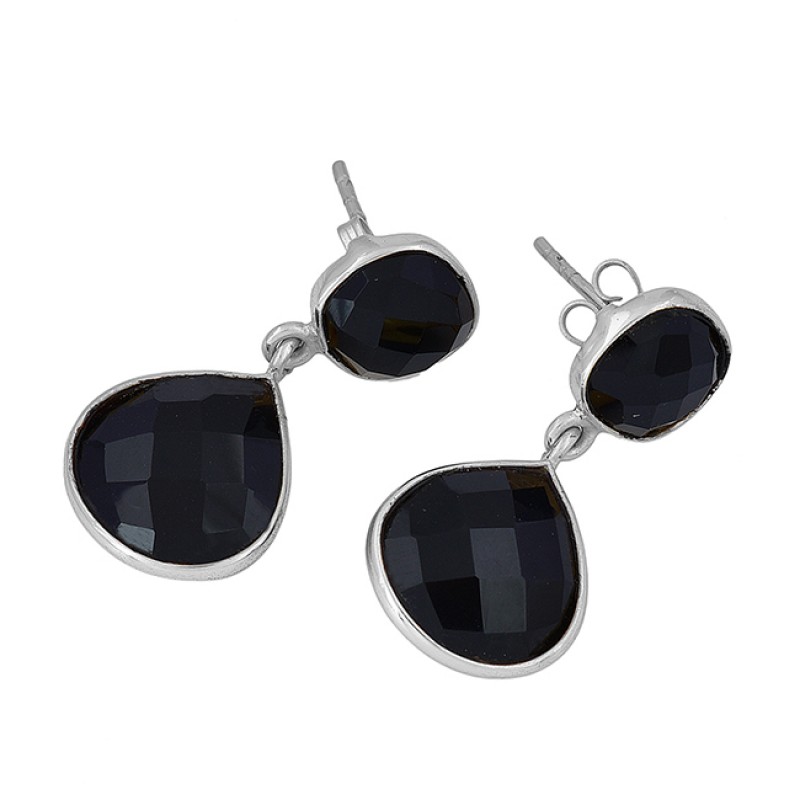 Black Onyx Square Pear Shape Gemstone 925 Sterling Silver Gold Plated Dangle Earrings