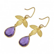 Pear Shape Amethyst Gemstone 925 Sterling Silver Gold Plated Dangle Earrings