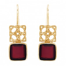 Square Shape Garnet Gemstone 925 Sterling Silver Gold Plated Fixed Ear Wire Earrings