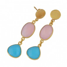 Oval Hearts Shape Chalcedony Gemstone 925 Sterling Silver Gold Plated Stud Earrings