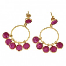 Ruby Round Shape Gemstone 925 Sterling Silver Gold Plated Stud Dangle Earrings