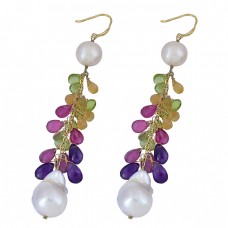 Pearl Multi Color Gemstone 925 Sterling Silver Gold Plated Dangle Earrings
