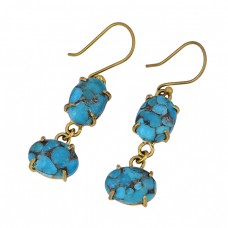 Blue Copper Turquoise Gemstone 925 Sterling Silver Gold Plated Dangle Earrings