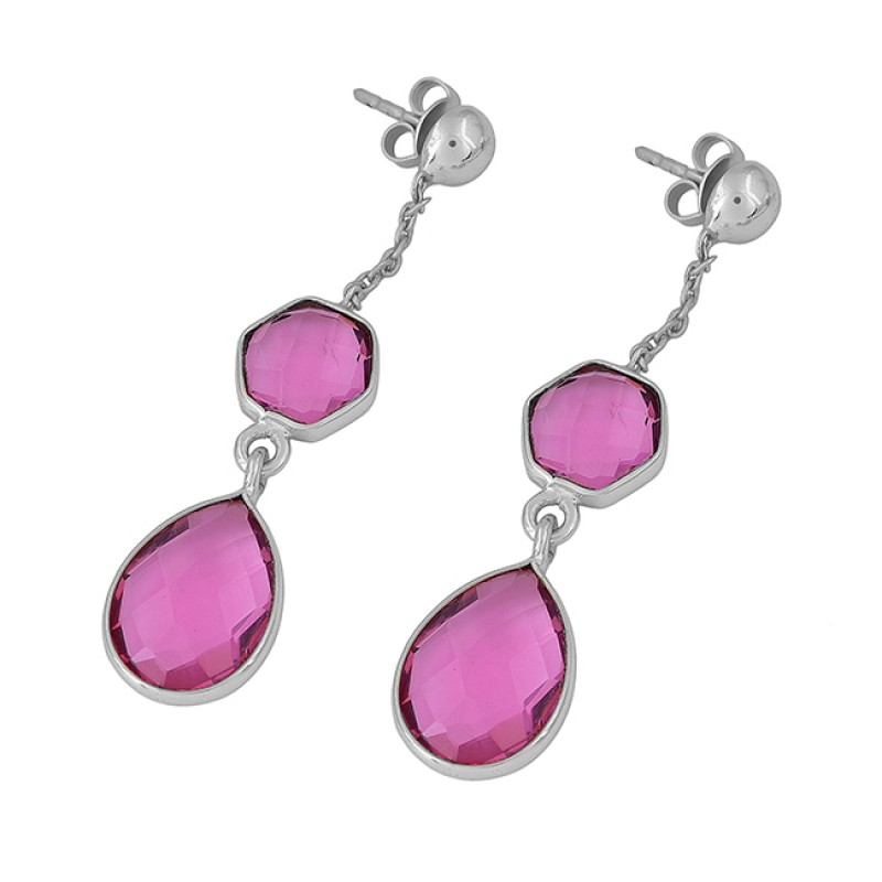 Pink Quartz Gemstone 925 Sterling Silver Gold Plated Stud Dangle Earrings
