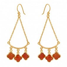 Flower Shape Carnelian Gemstone 925 Sterling Silver Gold Plated Dangle Earrings