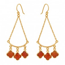 Flower Shape Carnelian Gemstone 925 Sterling Silver Gold Plated Dangle Earrings