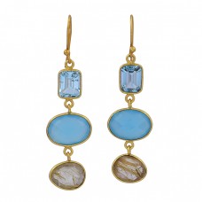 Topaz Chalcedony Golden Rutile Quartz Gemstone 925 Silver Gold Plated Earrings