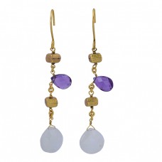 Amethyst Rainbow Moonstone Pear Shape Gemstone 925 Silver Gold Plated Earrings