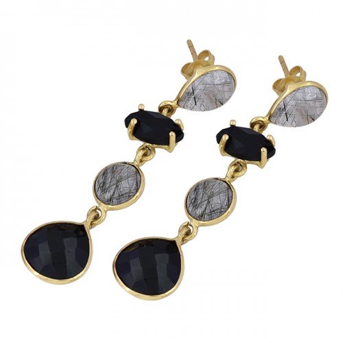 925 Sterling Silver Black Onyx Rutile Quartz Gemstone Gold Plated Dangle Earrings