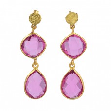 925 Sterling Silver Pink Quartz Cushion Pear Shape Gemstone Gold Plated Stud Earrings