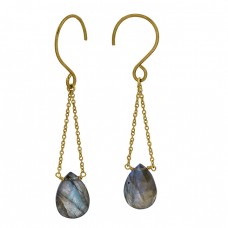 Pear Shape Labradorite Gemstone 925 Sterling Silver Gold Plated Chain Dangle Earrings