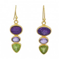 925 Sterling Silver Peridot Amethyst Gemstone Gold Plated Dangle Earrings